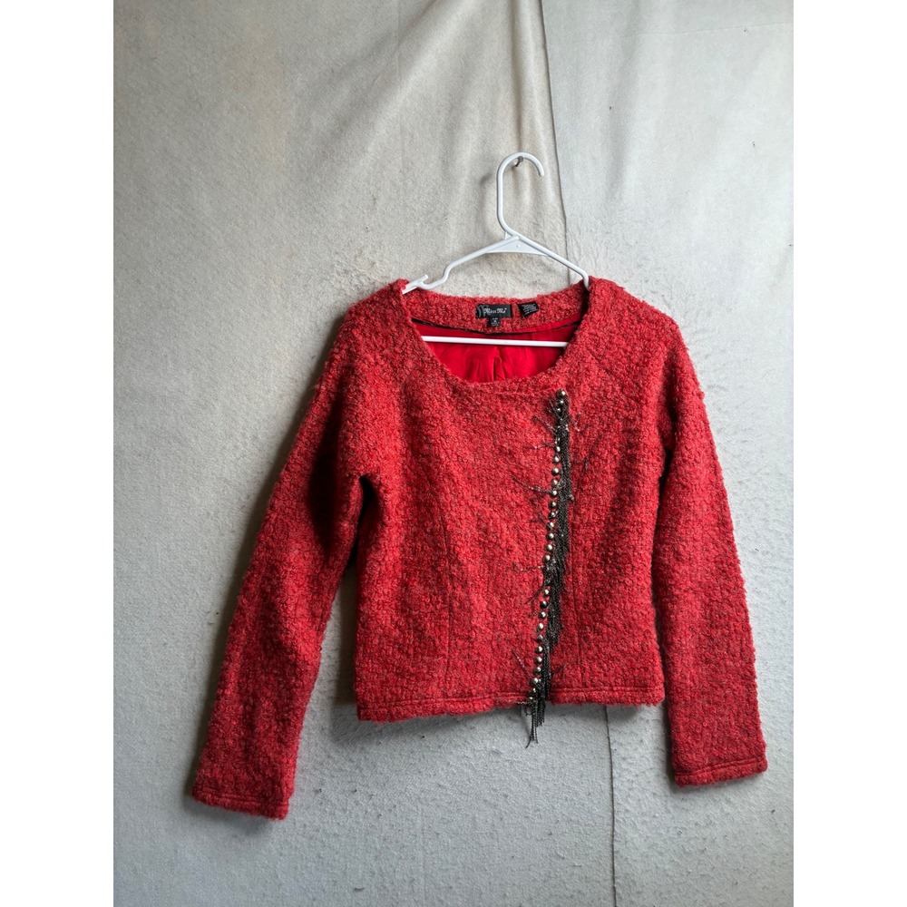 Miss Me Red Boucle Wool Blend Jacket Chain Fringe Embellished JMJ164 Size M
